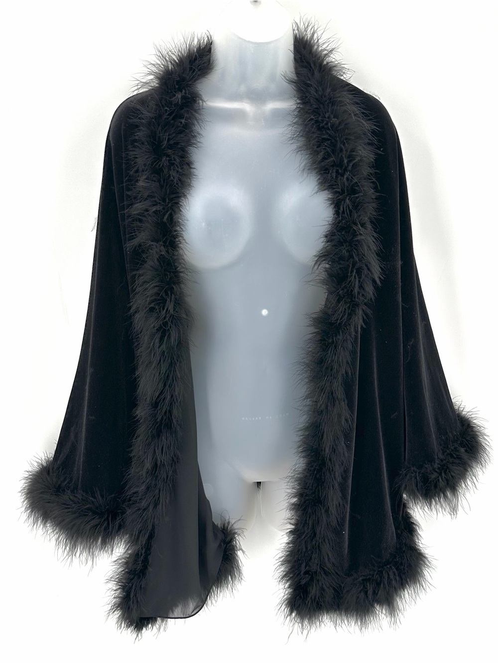 Alex Evenings Cape Wrap Maribou Black Velvet Formal Glam Elegant Costume FLAWS